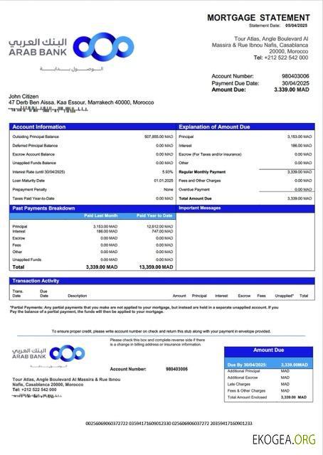 Modèle Word et PDF de relevé hypothécaire de la Banque arabe du Maroc